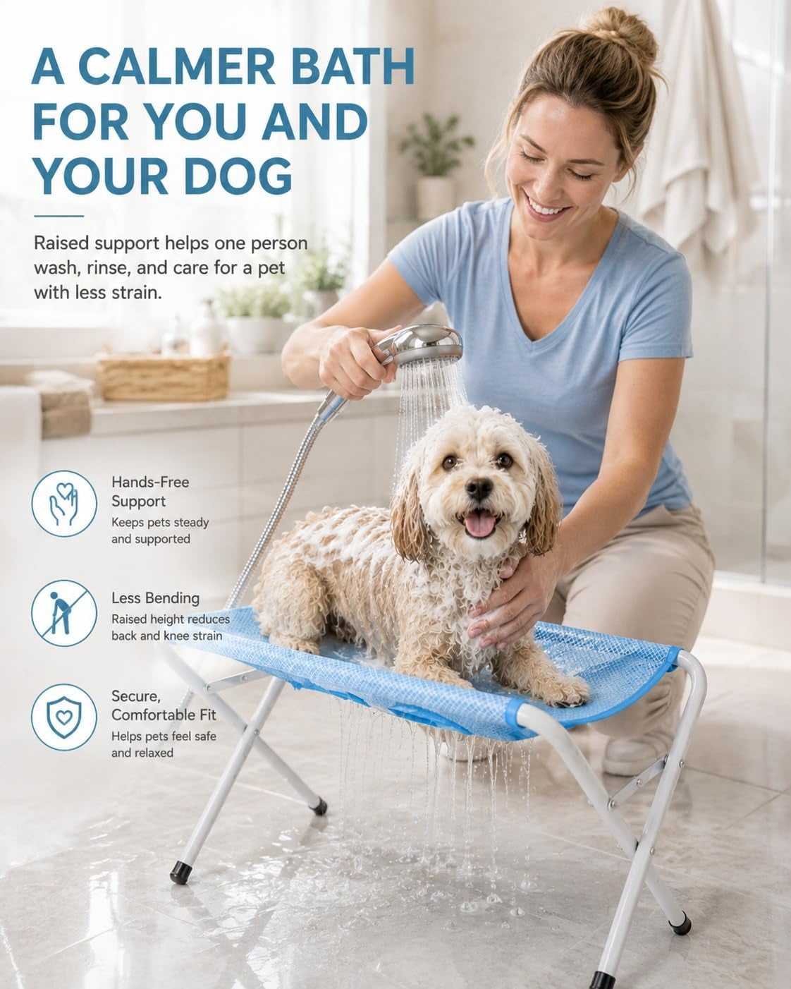 Foldable Pet Bathing Stand, Dog Grooming Hammock with Quick-Dry Mesh, 44 Lb | Portable Shower Stand & Sling for Small Dogs & Cats, Steel Frame, 8-Hole Support, Hands-Free Grooming, Folds Flat, Holds 44Lb