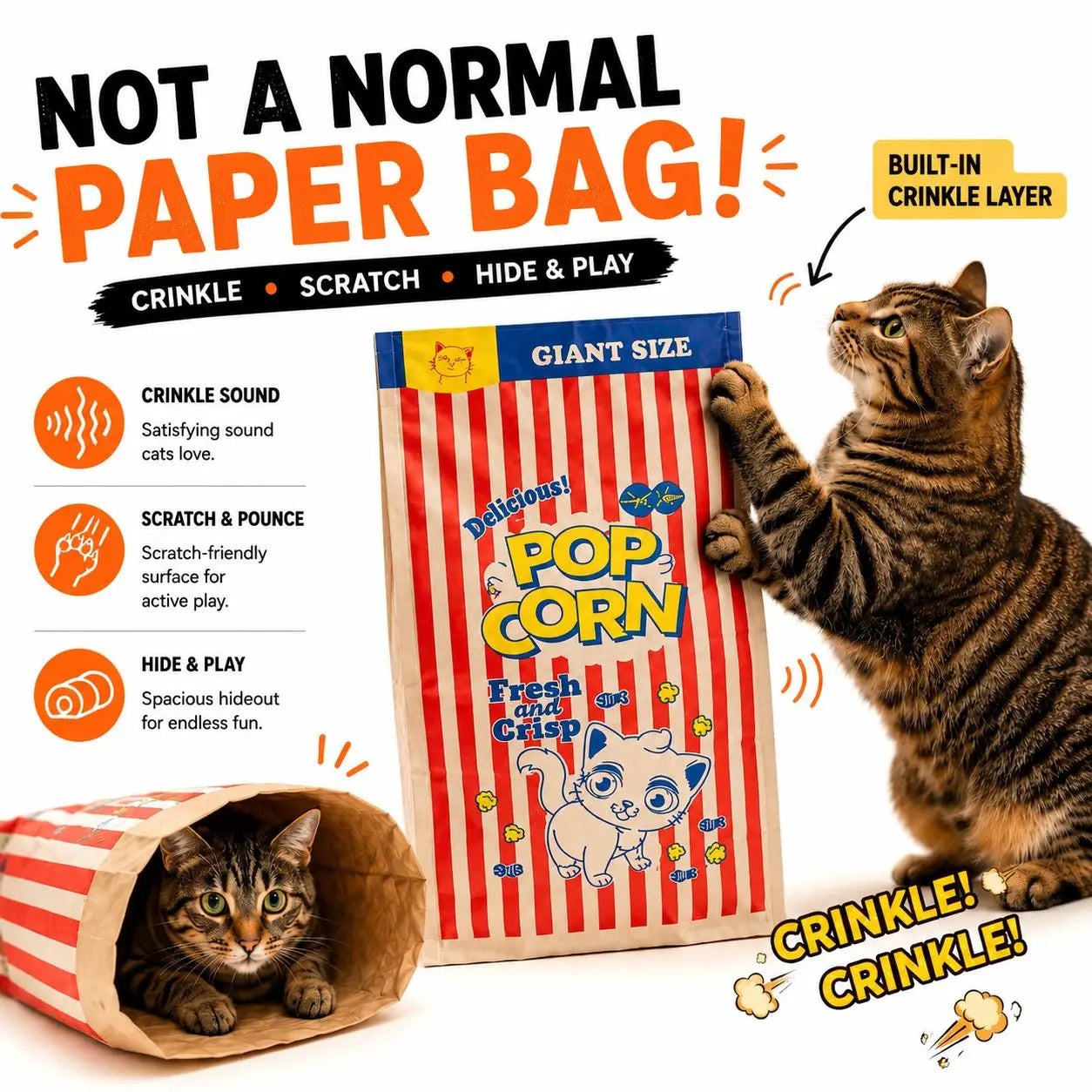 Upgrade Cat Toy Cute Large Kraft Paper Double-Layer Crinkle Bag Cat Hideout (29.53*13.78Inch), Hide & Seek Play Tunnel Cat Bed Puzzle Relaxation, Cat Hideout Toy Cat Crinkle Toy for Indoor Kittens & Adult