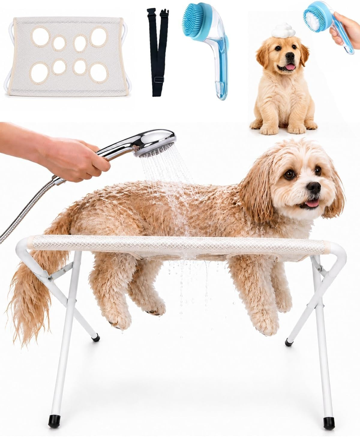 Foldable Pet Bathing Stand, Dog Grooming Hammock with Quick-Dry Mesh, 44 Lb | Portable Shower Stand & Sling for Small Dogs & Cats, Steel Frame, 8-Hole Support, Hands-Free Grooming, Folds Flat, Holds 44Lb