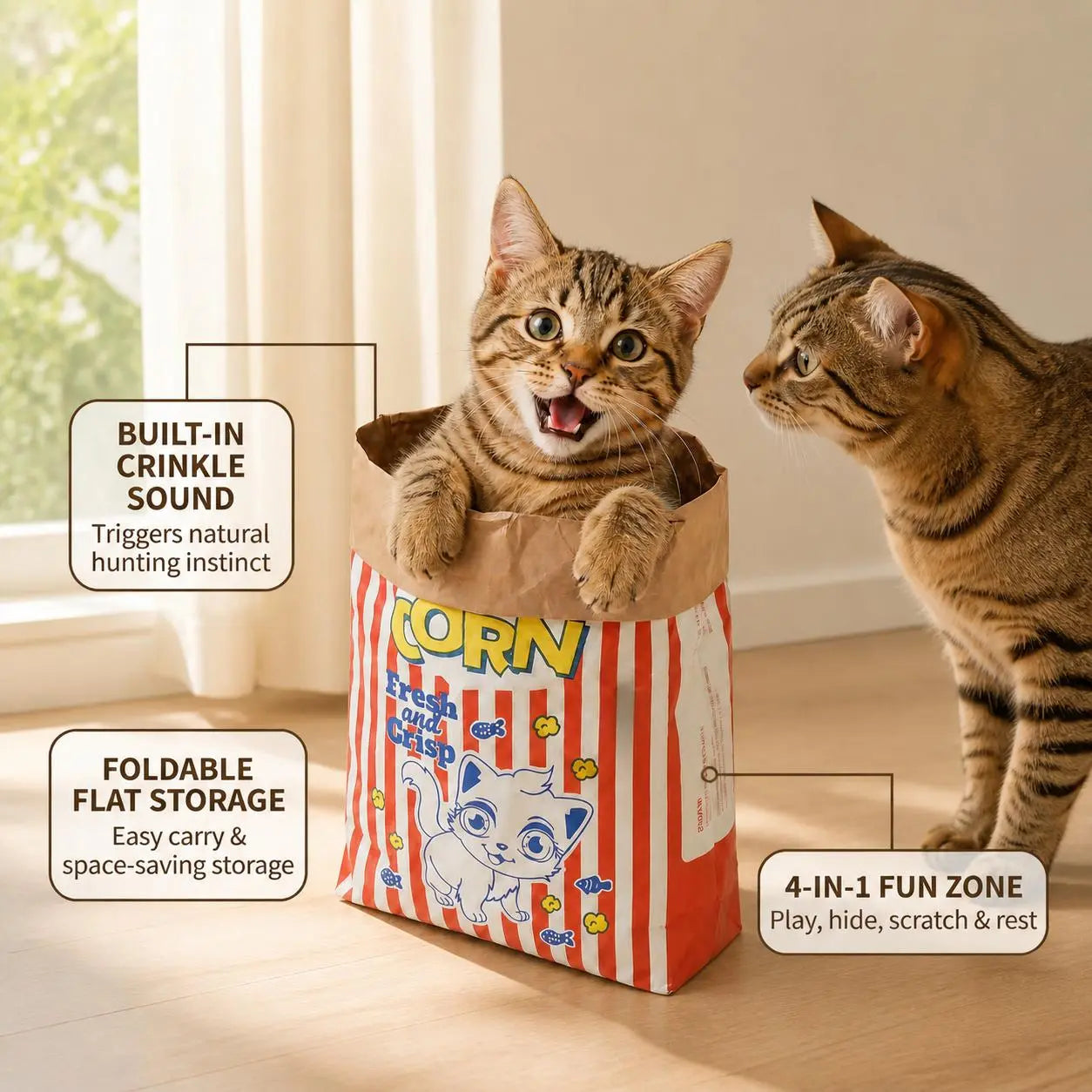 Upgrade Cat Toy Cute Large Kraft Paper Double-Layer Crinkle Bag Cat Hideout (29.53*13.78Inch), Hide & Seek Play Tunnel Cat Bed Puzzle Relaxation, Cat Hideout Toy Cat Crinkle Toy for Indoor Kittens & Adult