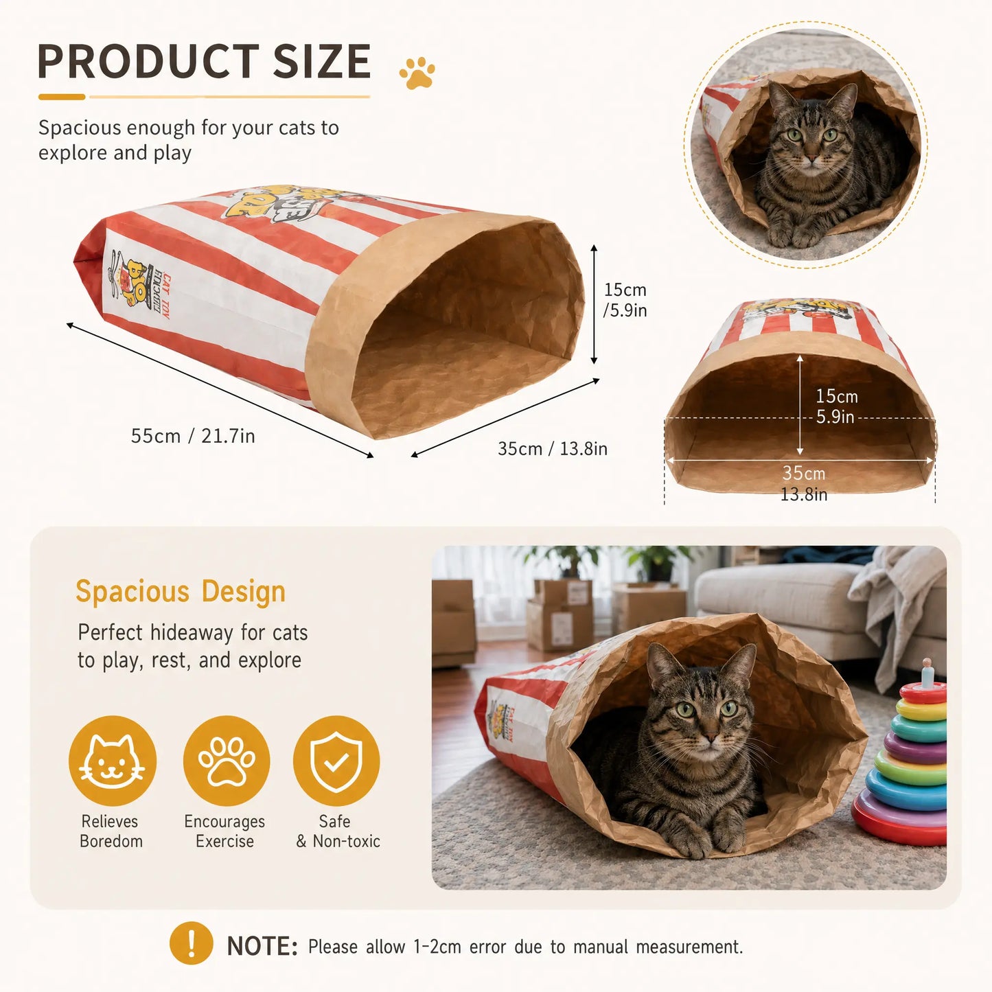 Upgrade Cat Toy Cute Large Kraft Paper Double-Layer Crinkle Bag Cat Hideout (29.53*13.78Inch), Hide & Seek Play Tunnel Cat Bed Puzzle Relaxation, Cat Hideout Toy Cat Crinkle Toy for Indoor Kittens & Adult