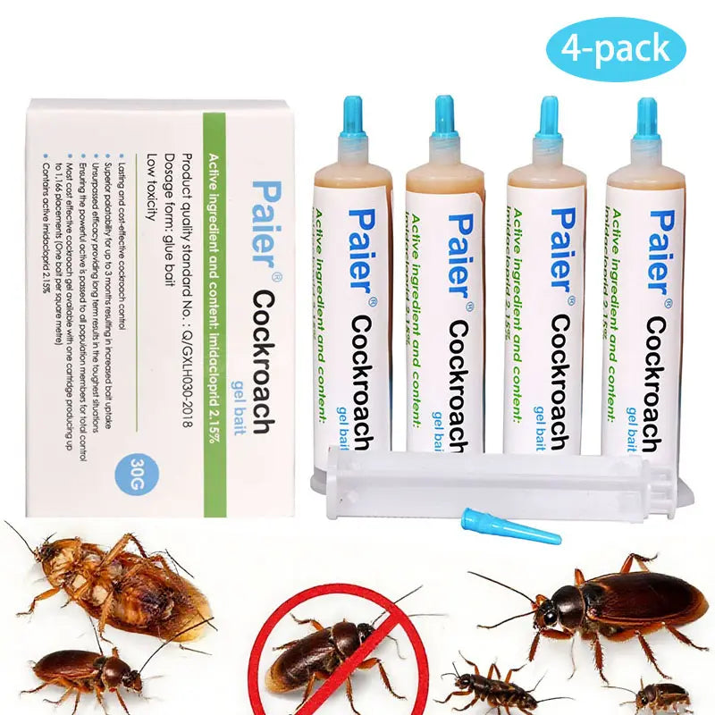 Paier Indoor Cockroach Killer, 4-Pack, 30G per Tube, 1 Dropper, 2 Nozzles, German Cockroach Control, Suitable for Both Indoor and Outdoor Use, Cockroach Gel, Applicable to American Cockroaches, German Cockroaches, and Other Cockroach Species.