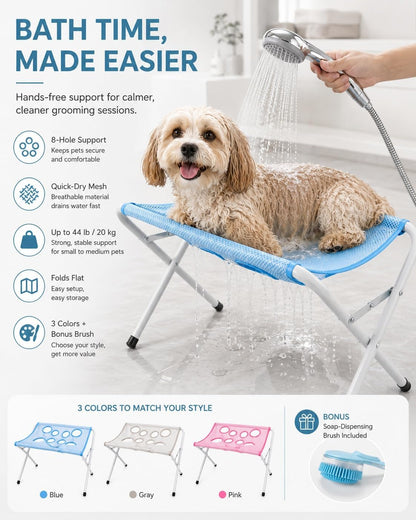 Foldable Pet Bathing Stand, Dog Grooming Hammock with Quick-Dry Mesh, 44 Lb | Portable Shower Stand & Sling for Small Dogs & Cats, Steel Frame, 8-Hole Support, Hands-Free Grooming, Folds Flat, Holds 44Lb