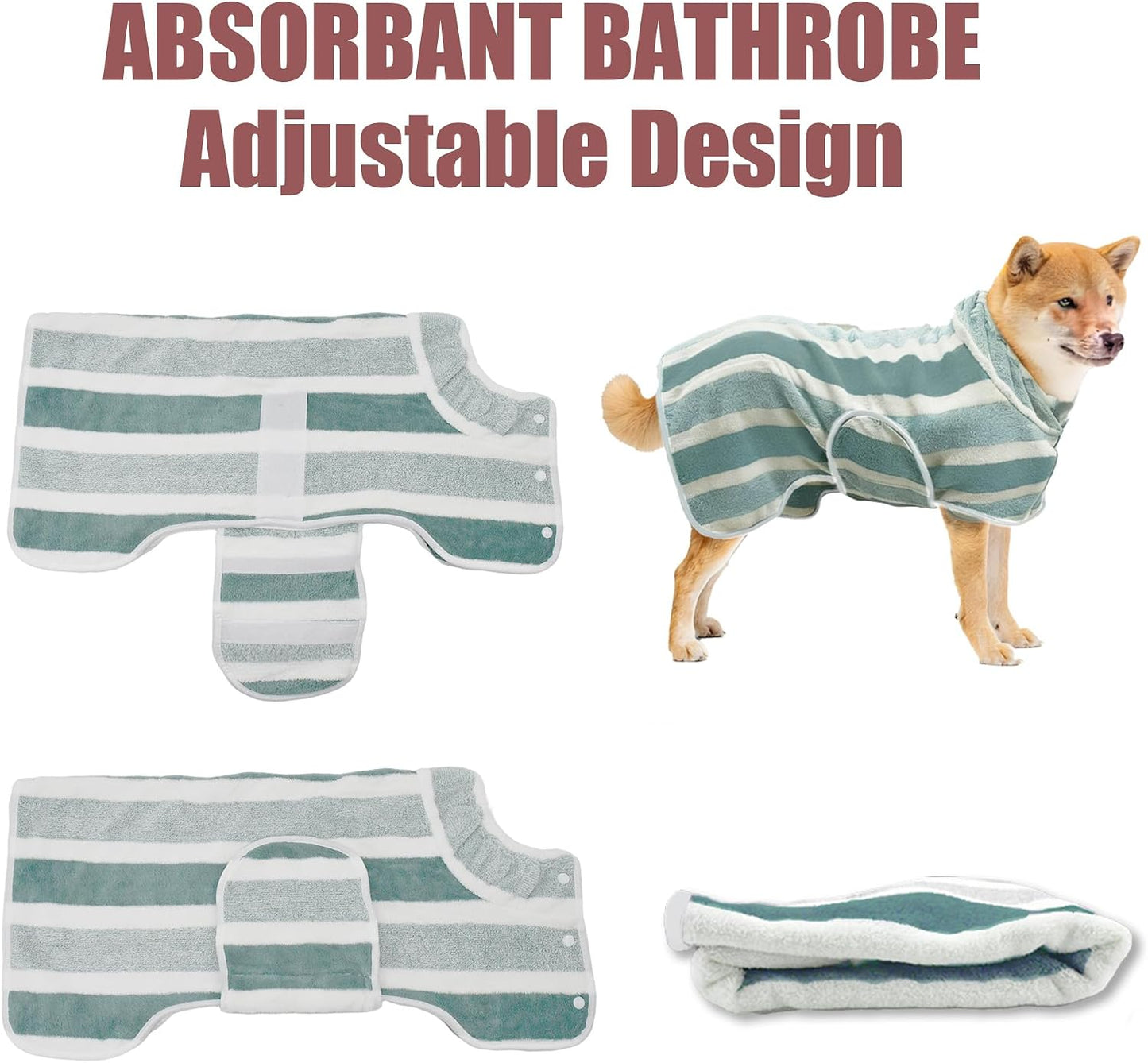 Fast Drying Dog Bathrobe, Super Absorbent Stripes Dogs Towel, Adjustable Warm Keeping Pet Puppy Bath Supplies (Green, M)